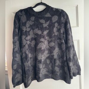J Jill Black Soft Plush Textured Pullover Floral Crewneck Sweater